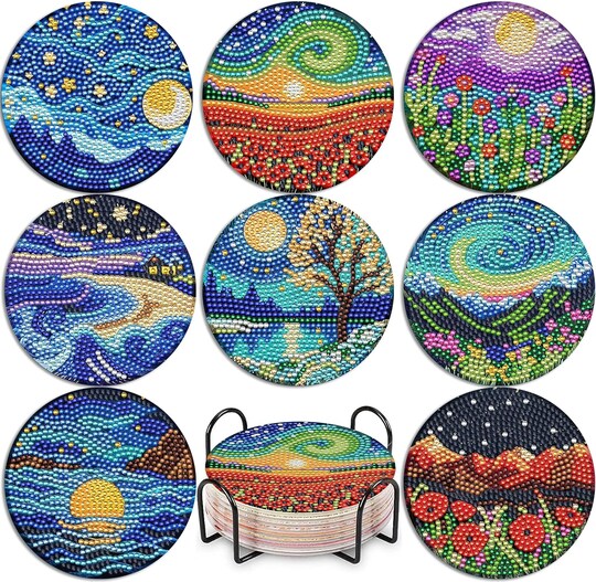 8PCS Starry Sky Diamond Painting Coaster Kit – DIY Moon & Galaxy Gem Art Drink Coasters with Holder & Cork Base, Celestial Craft Set for Adults & Beginners Home Décor
